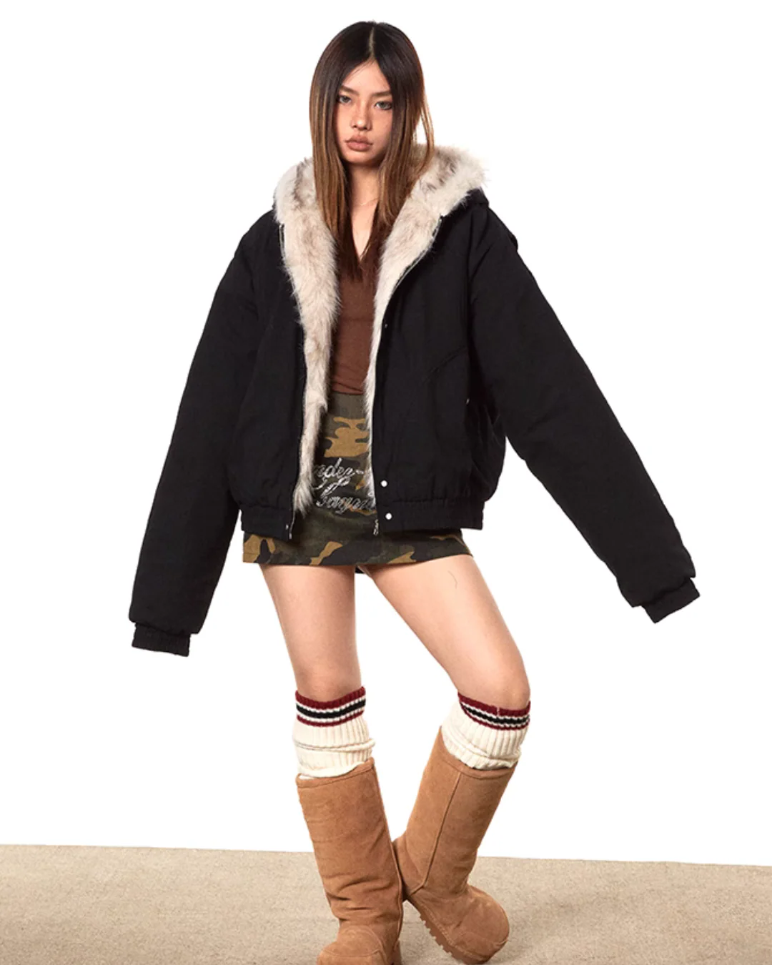 Fur-Lined Oversized Bomber Jacket - Image 2