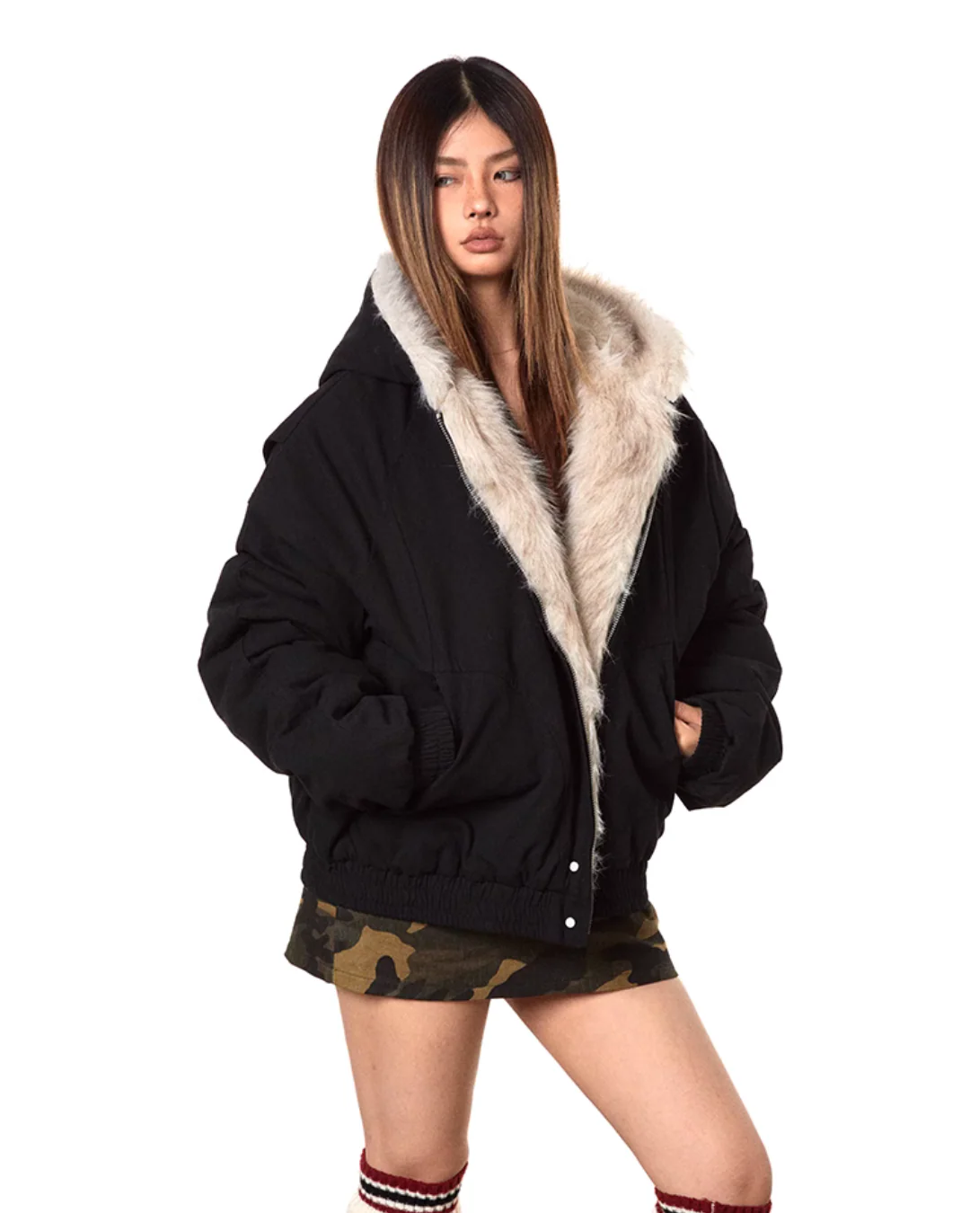Fur-Lined Oversized Bomber Jacket - Image 3