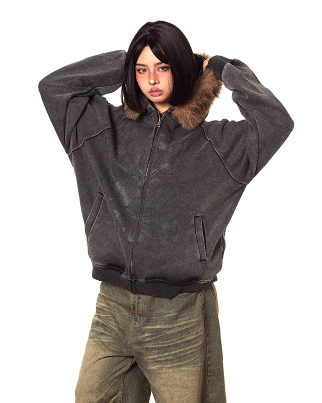 Fur-Trimmed Vintage Zip-Up Jacket - Image 2