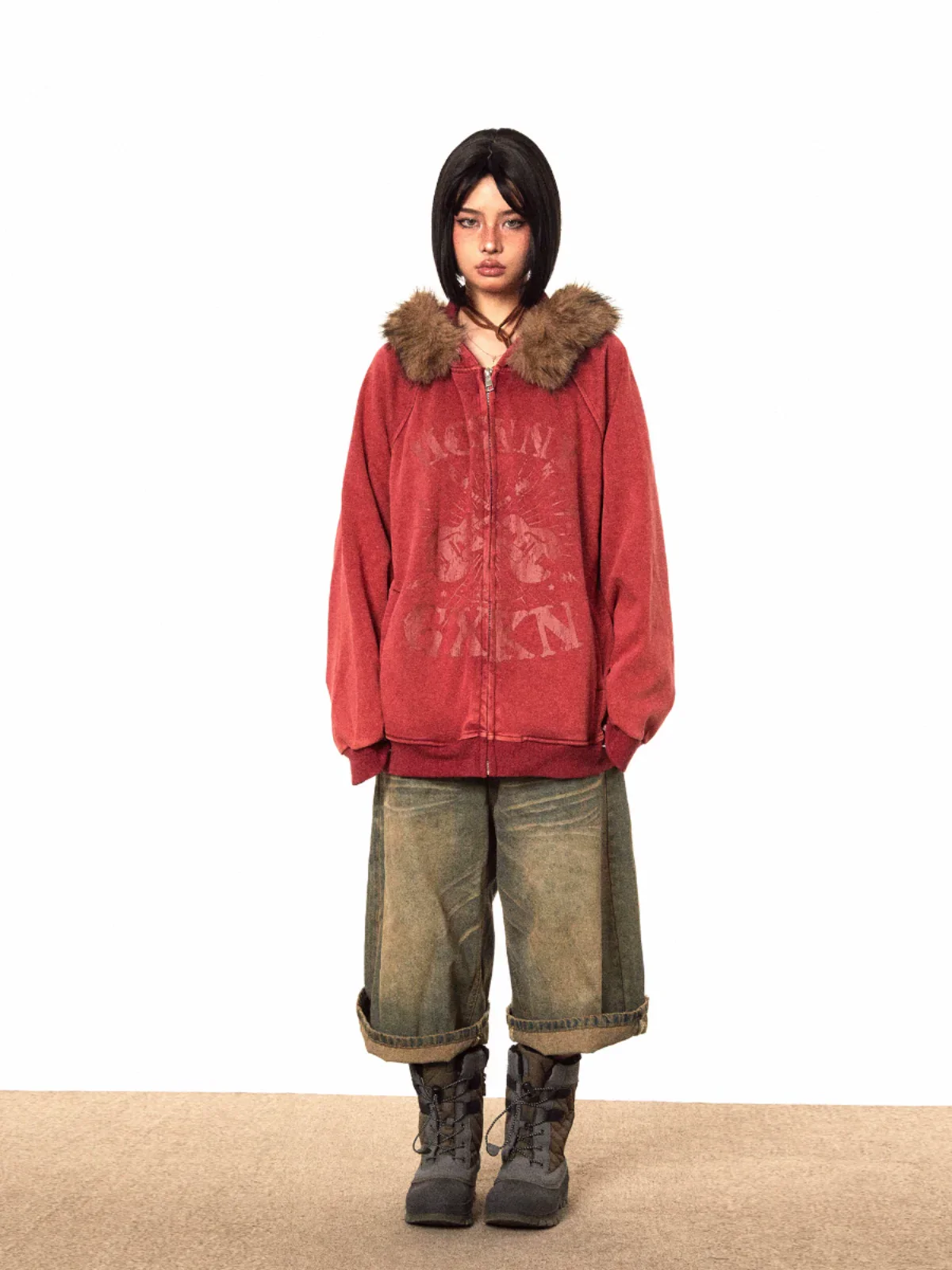 Fur-Trimmed Vintage Zip-Up Jacket - Image 3