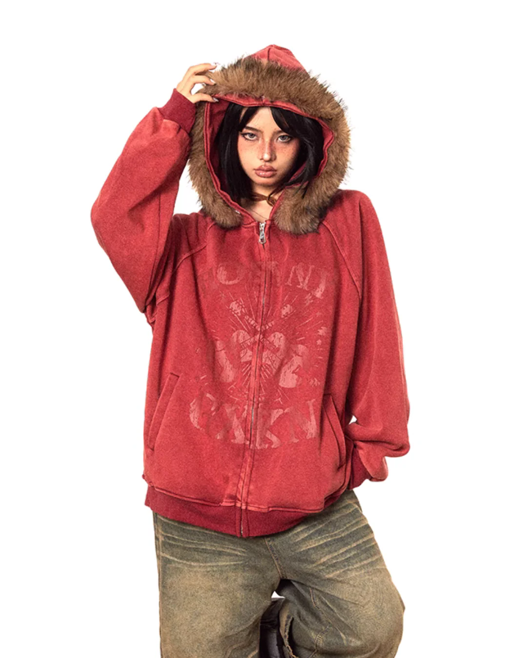Fur-Trimmed Vintage Zip-Up Jacket - Image 4