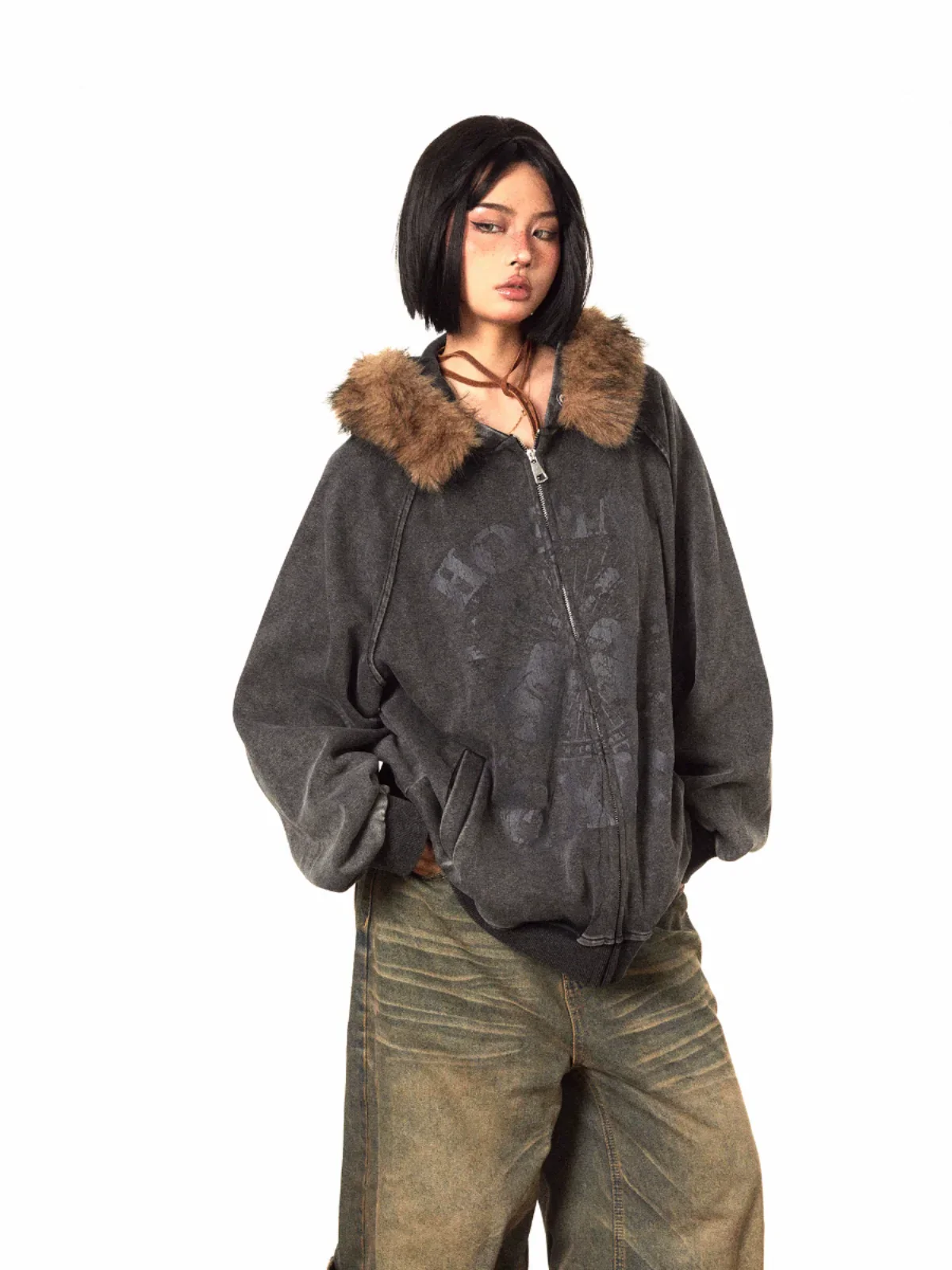 Fur-Trimmed Vintage Zip-Up Jacket - Image 7