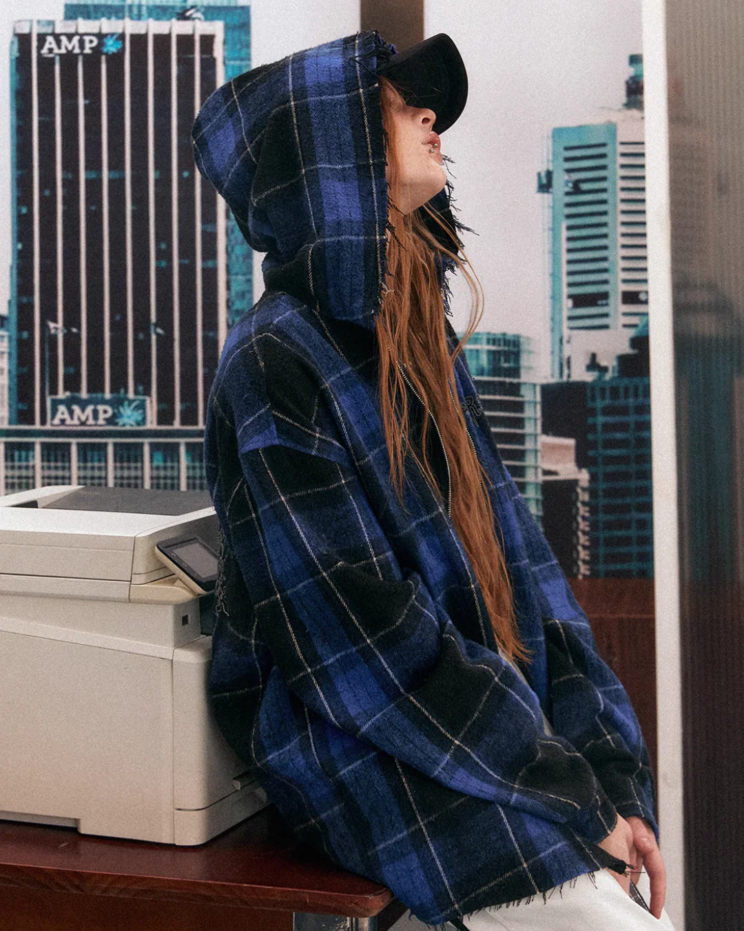 Blue Plaid Oversized Hooded Jacket - Image 4