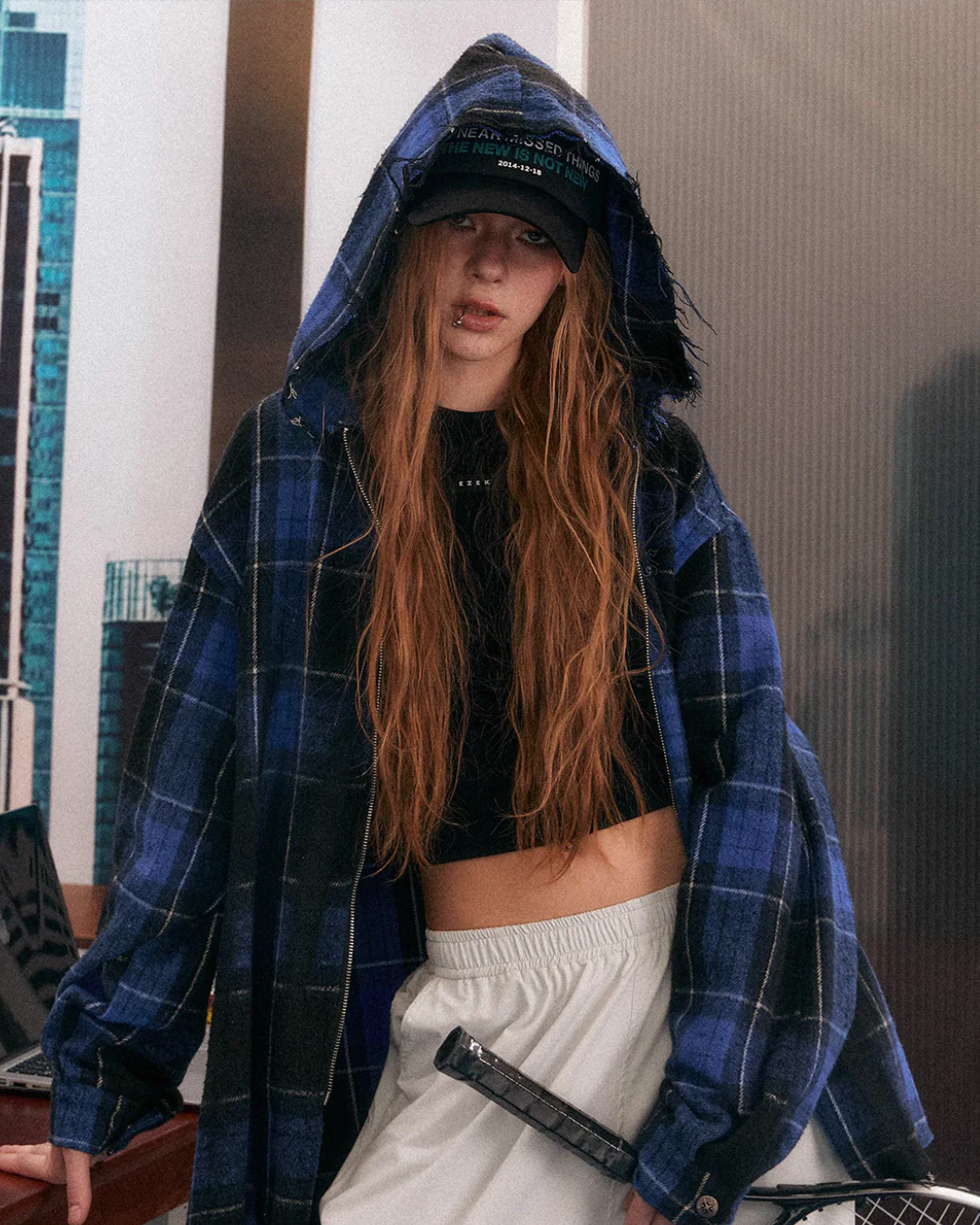 Blue Plaid Oversized Hooded Jacket - Image 5