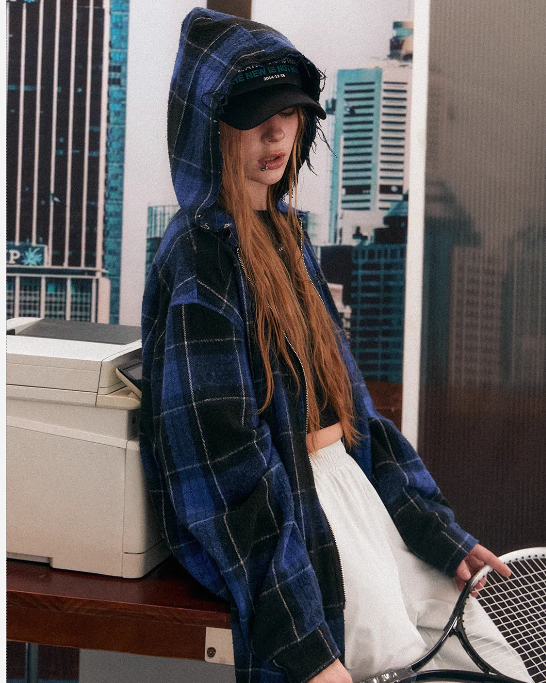Blue Plaid Oversized Hooded Jacket - Image 7