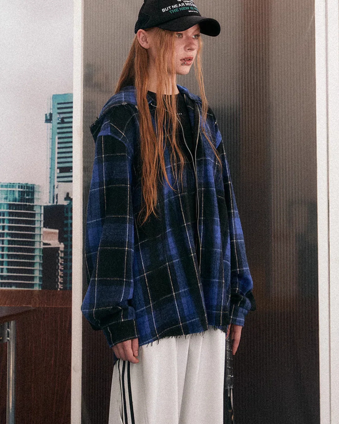Blue Plaid Oversized Hooded Jacket - Image 8