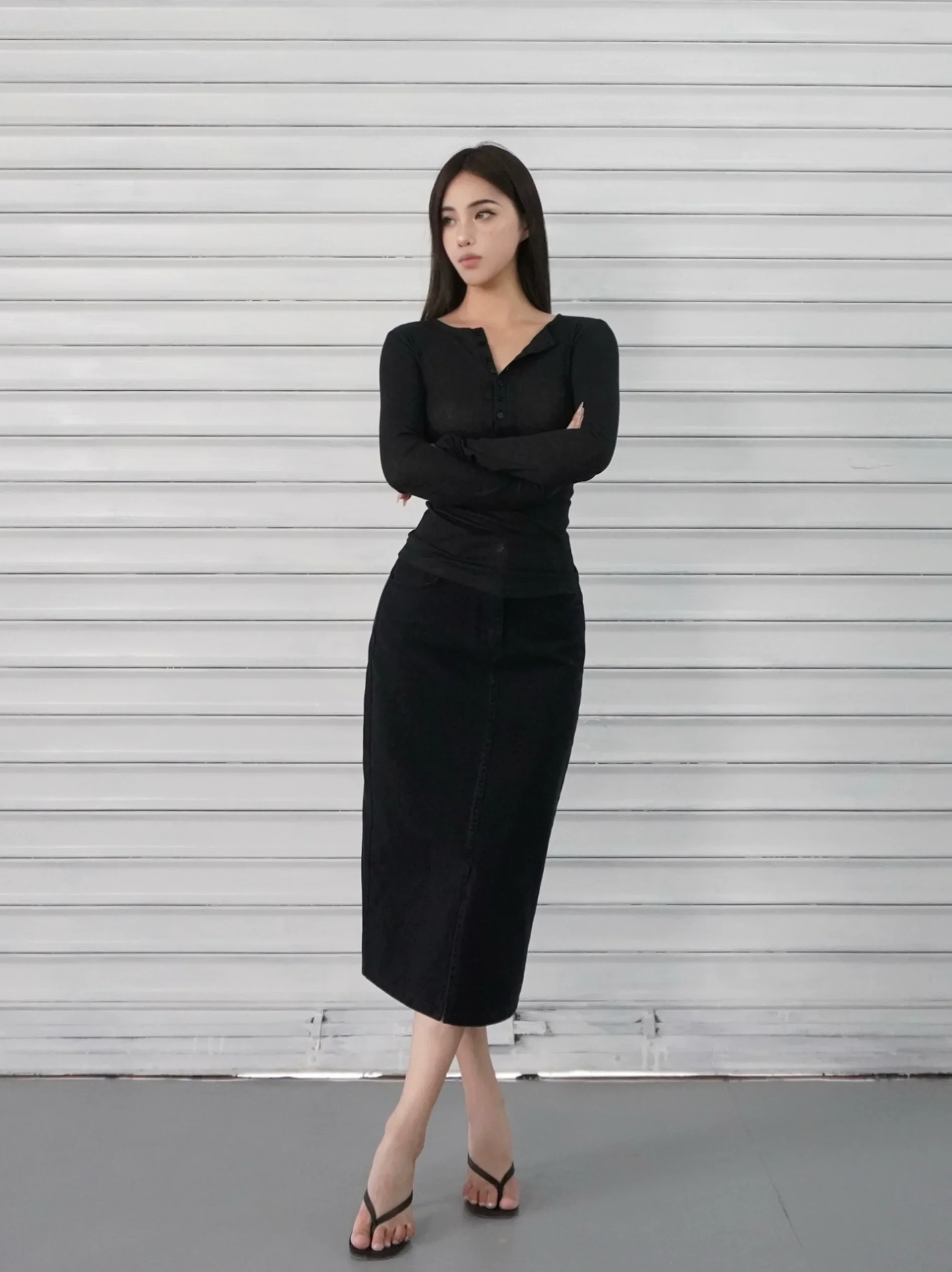 Slim-Fit Button-Up Ribbed Long Sleeve Top - Image 12