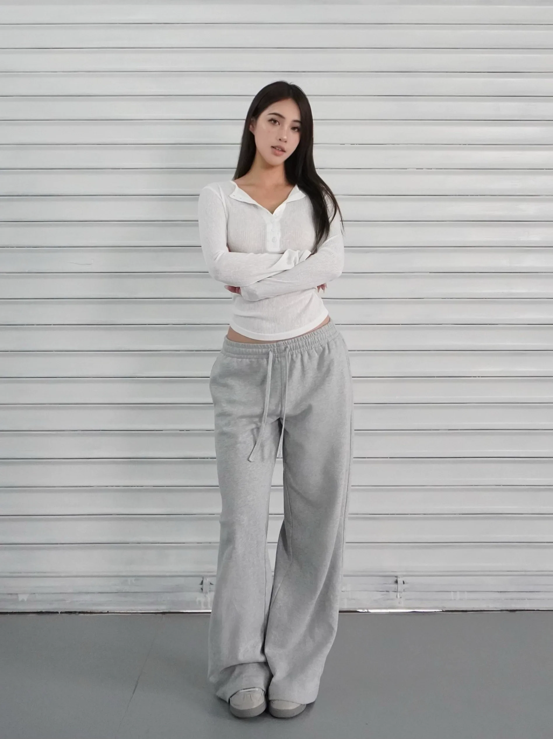 Slim-Fit Button-Up Ribbed Long Sleeve Top - Image 13