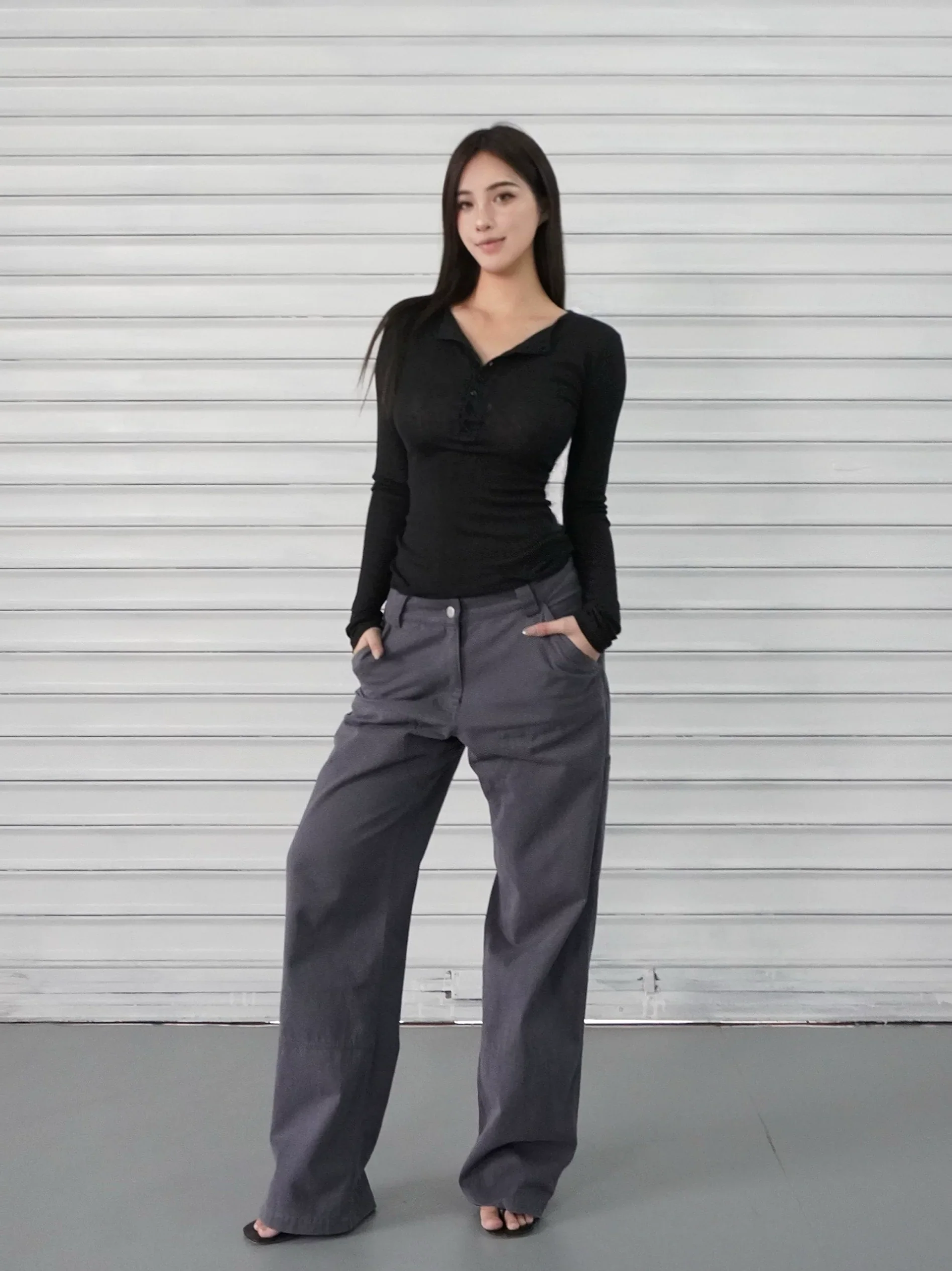 Slim-Fit Button-Up Ribbed Long Sleeve Top - Image 3