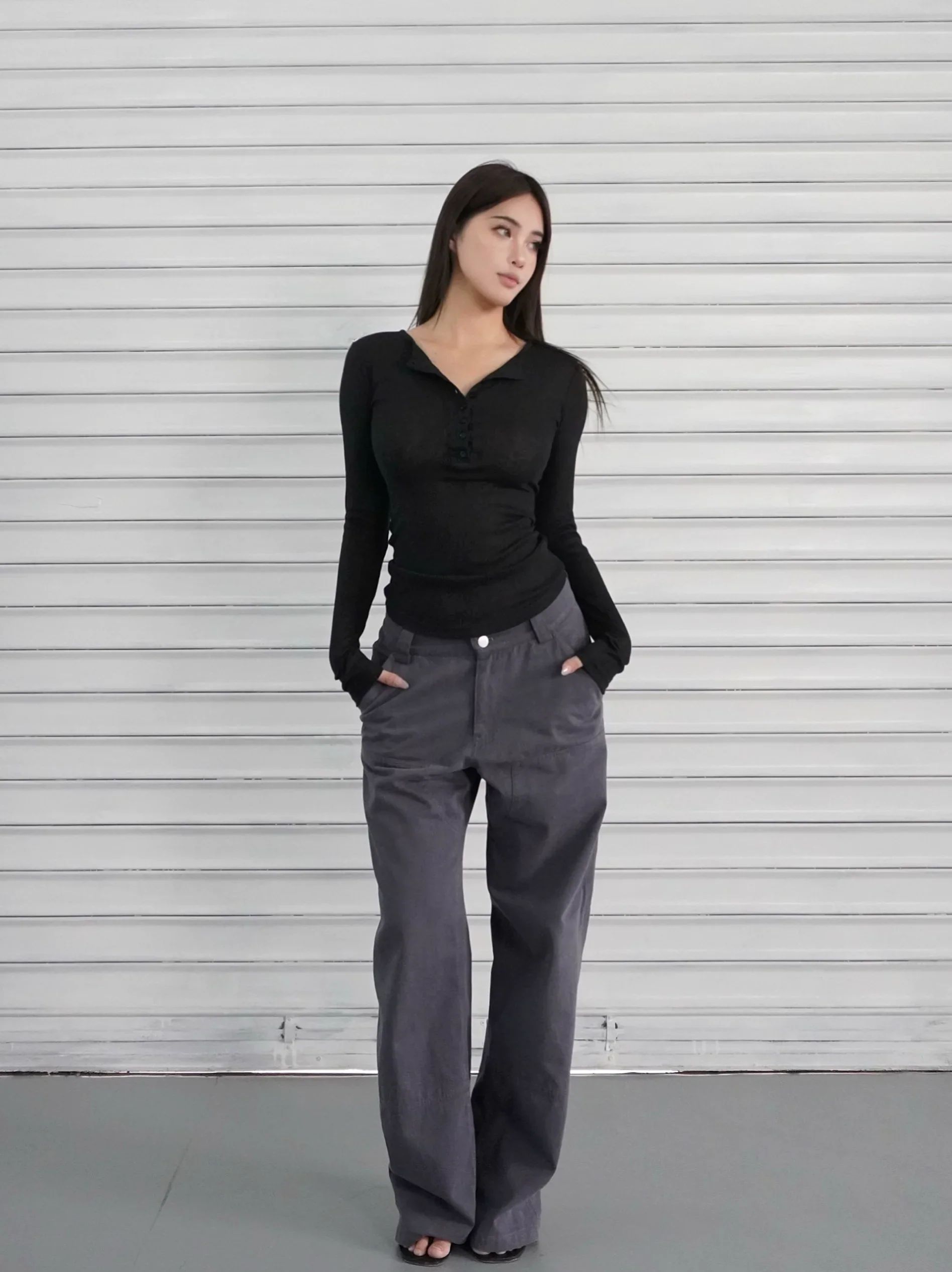 Slim-Fit Button-Up Ribbed Long Sleeve Top - Image 4