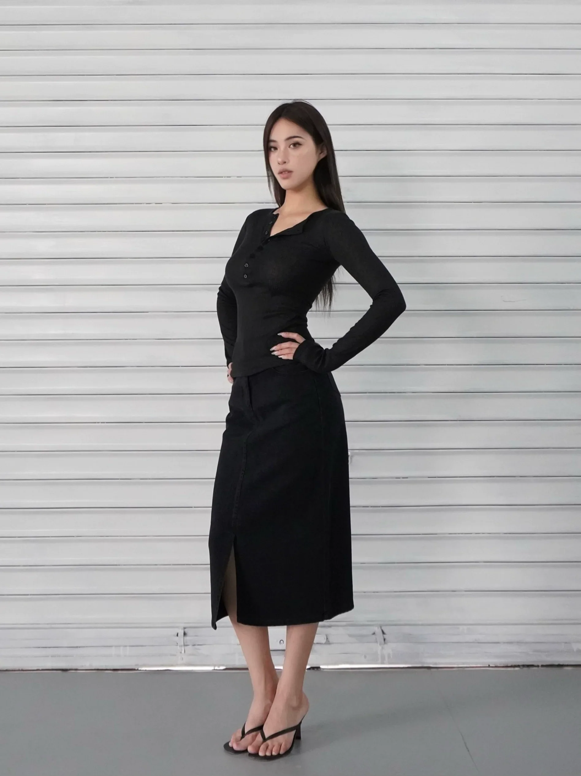 Slim-Fit Button-Up Ribbed Long Sleeve Top - Image 5