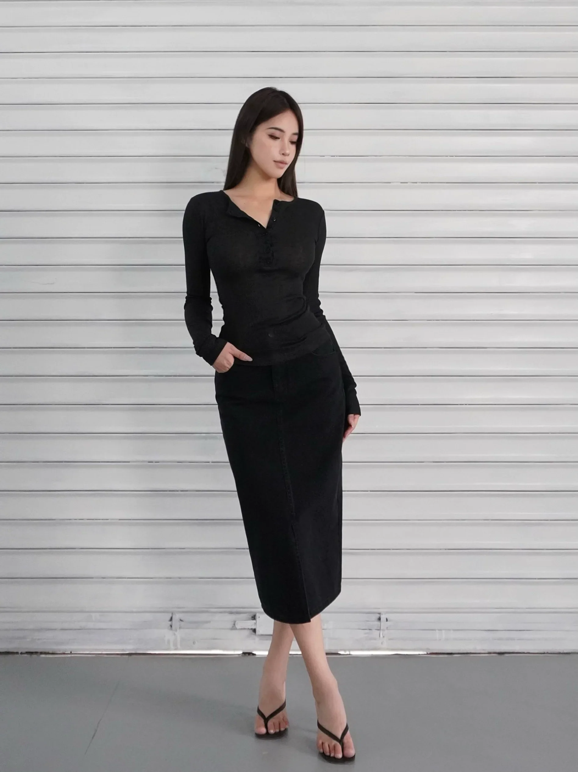 Slim-Fit Button-Up Ribbed Long Sleeve Top - Image 6