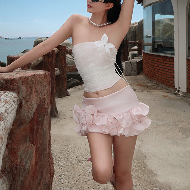 Flower-Embellished Mesh Tube Top Suit - Image 5