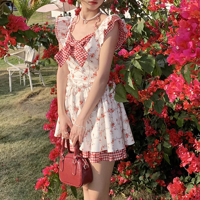 Small Flying Sleeve Floral Plaid Dress - Image 3