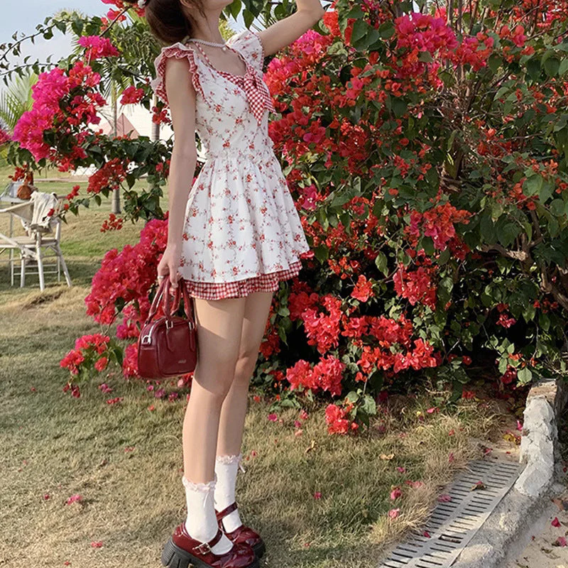 Small Flying Sleeve Floral Plaid Dress - Image 4