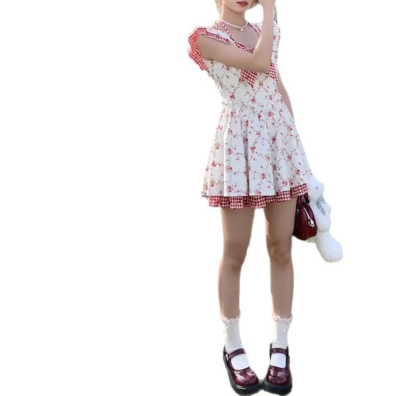Small Flying Sleeve Floral Plaid Dress - Image 5