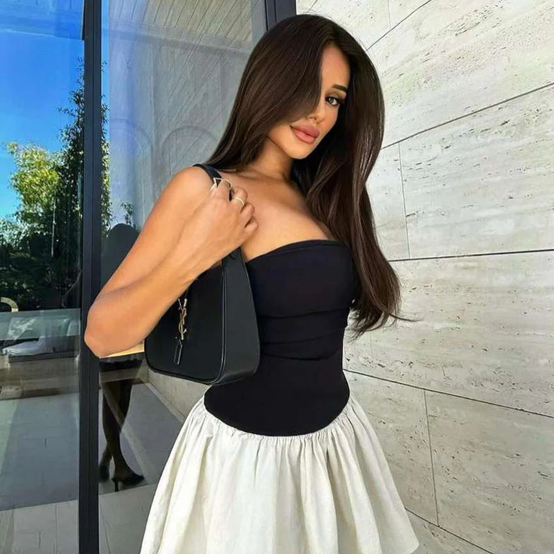 One-Shoulder Pleated Dress With Patchwork - Image 3