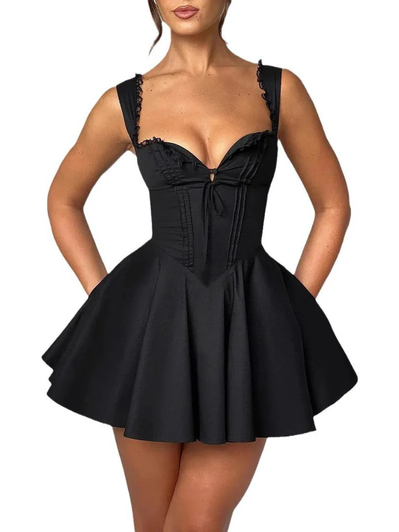 Sling Lace Halter Back Solid Color Dress - Image 8