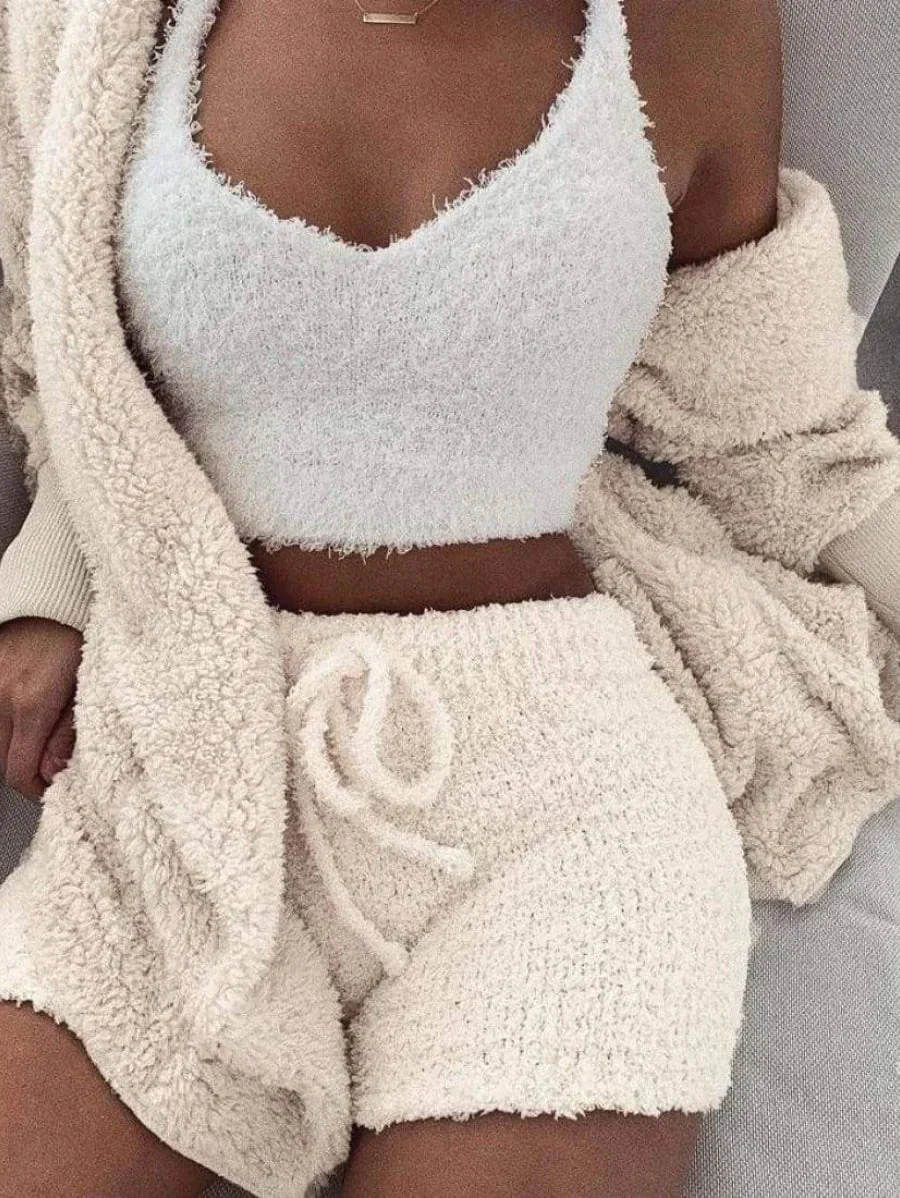 Cozy Knit Sets Crop Top, Shorts, Long Coat - Image 3