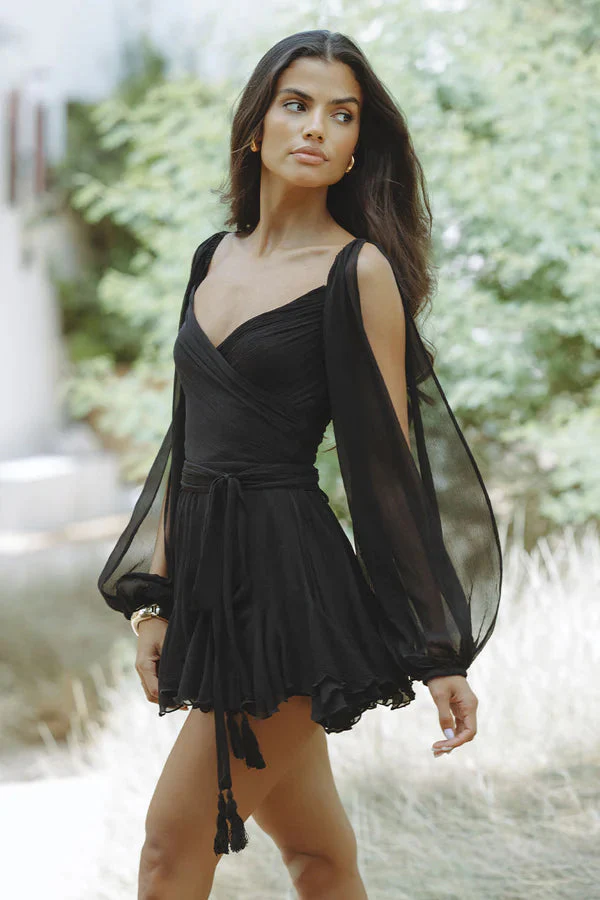 Chiffon Dress With Bishop Sleeves And Ruffled Skirt - Image 2