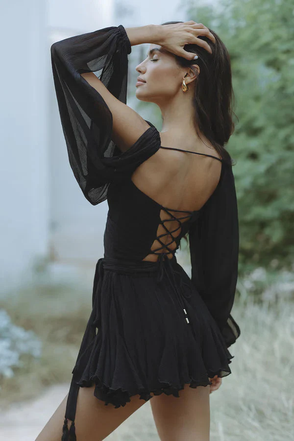 Chiffon Dress With Bishop Sleeves And Ruffled Skirt - Image 3