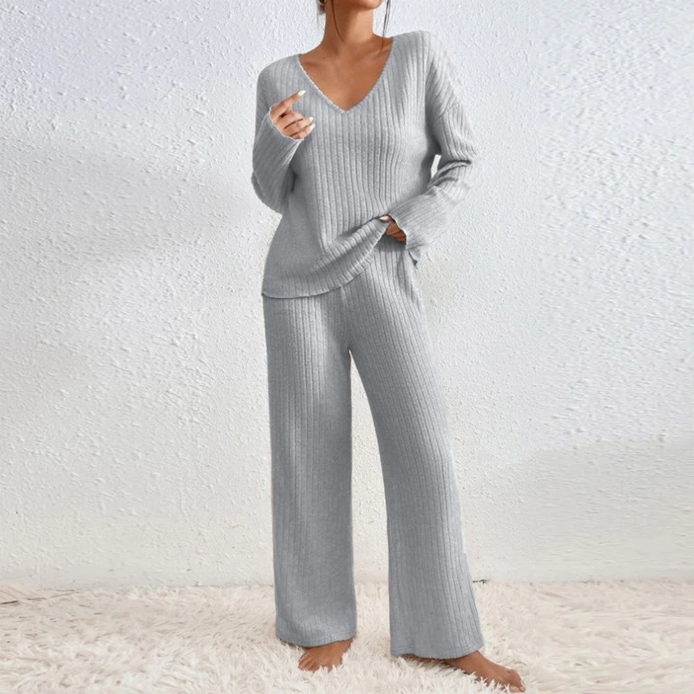 Pullover Ribbed Knit Lounge Set And Pants Matching Set - Image 2