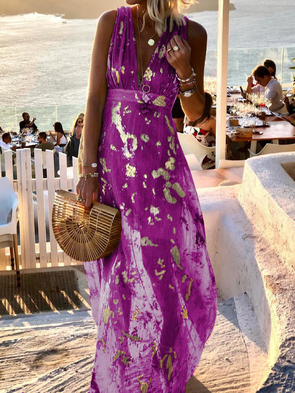 V-Neck Print Hot Stamping Maxi Dress - Image 5