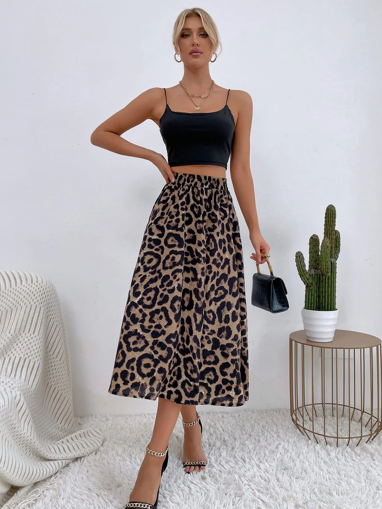 High Waist Leopard A-line Skirt - Image 3