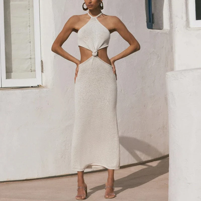 High Neck Halter Knot Tie Cut Out Maxi Dress - Image 4