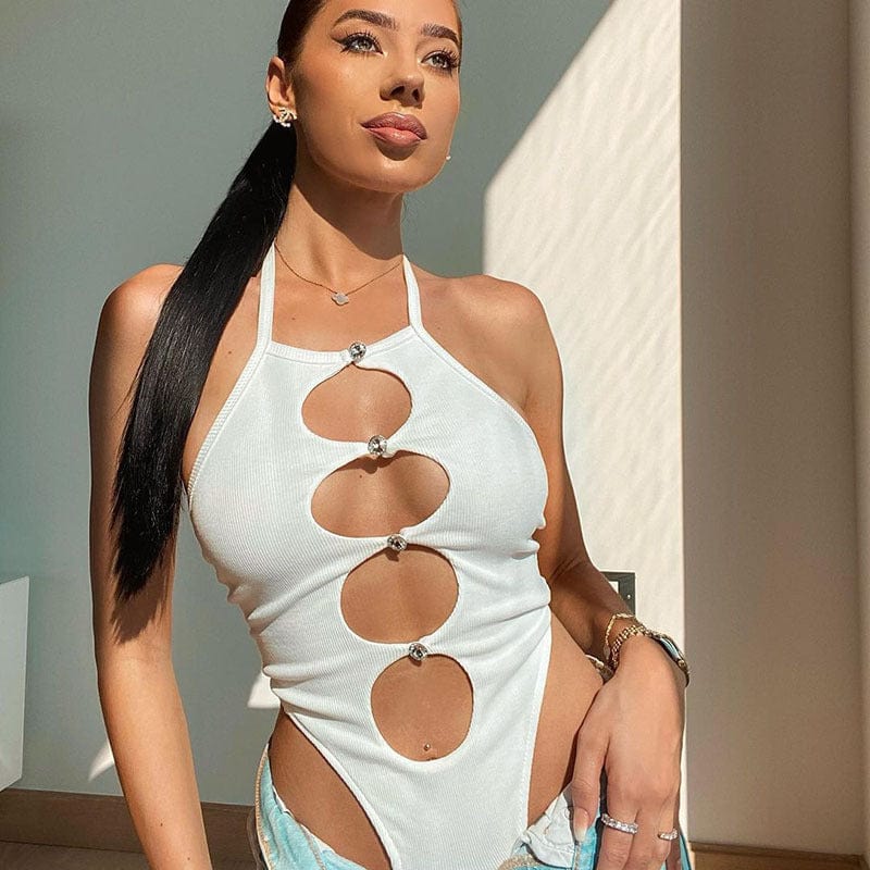 Halter Cut Out Gem Button One-Piece Bodysuit - Image 6