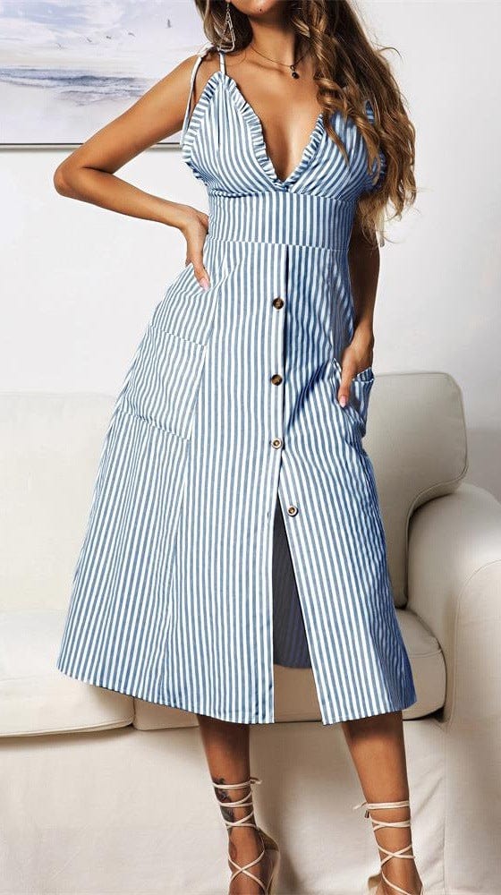 Plunge Neck Nautical Striped Dress - Image 7