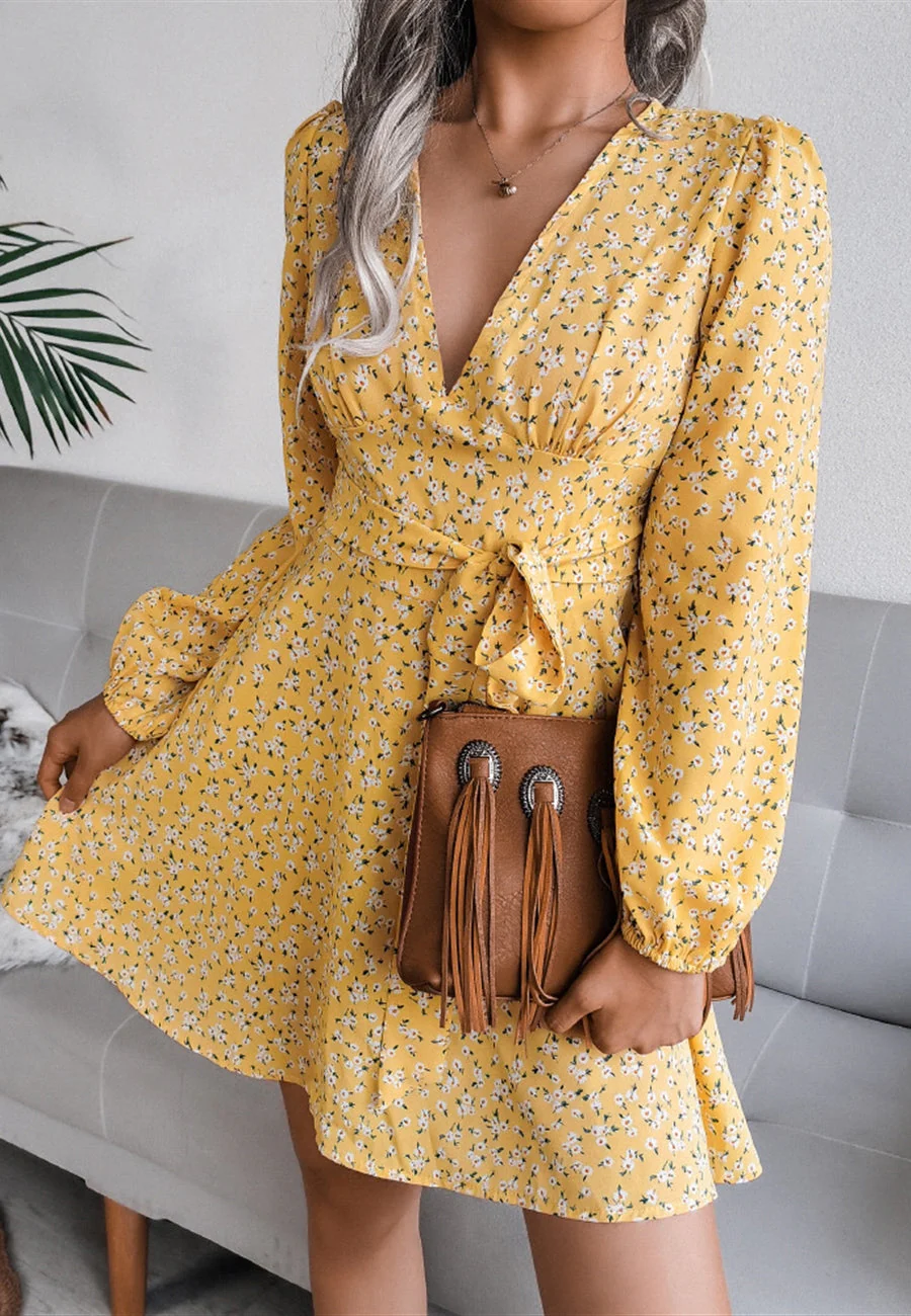 Plunge Floral Long Sleeve Dress - Image 2