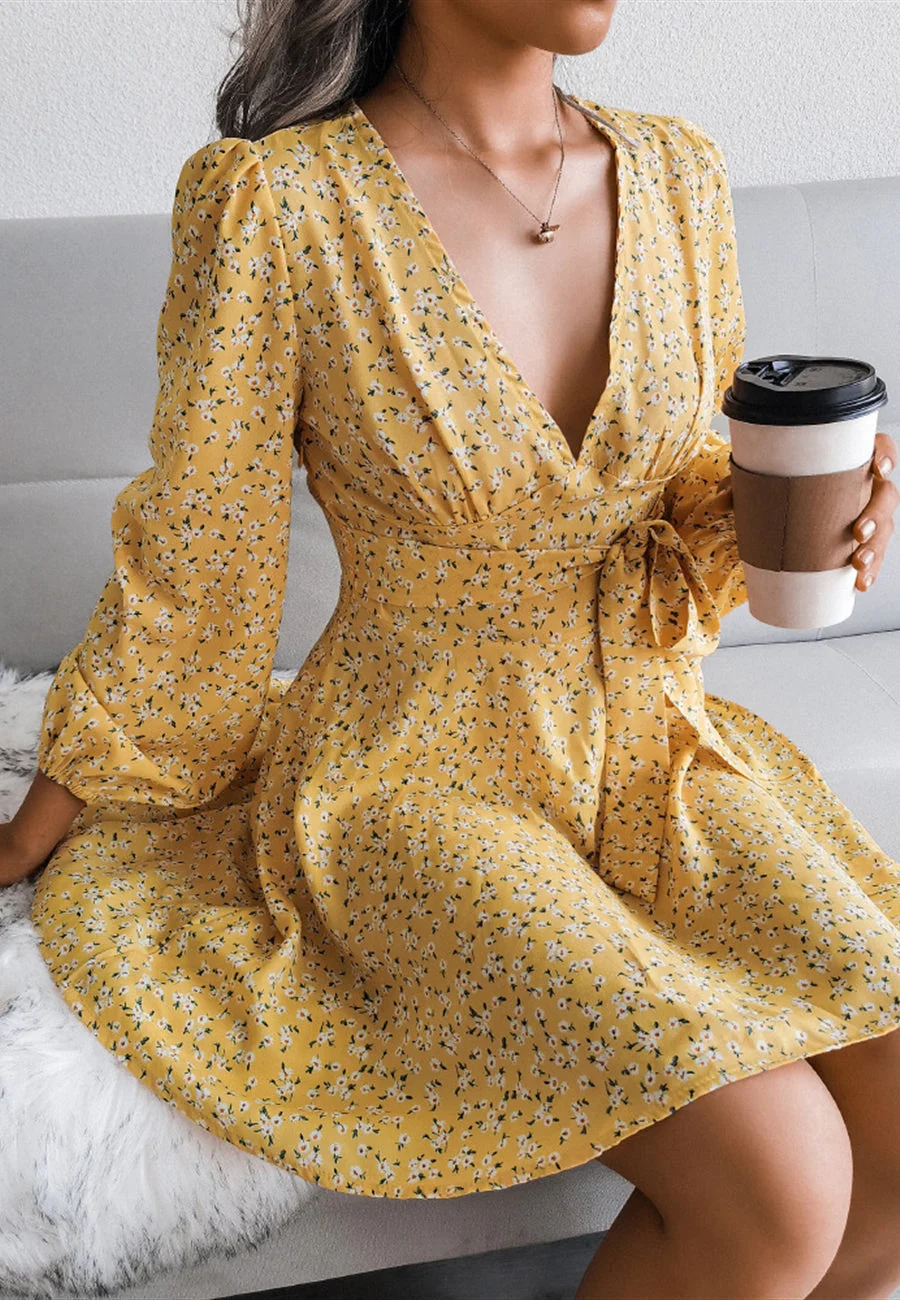 Plunge Floral Long Sleeve Dress - Image 4