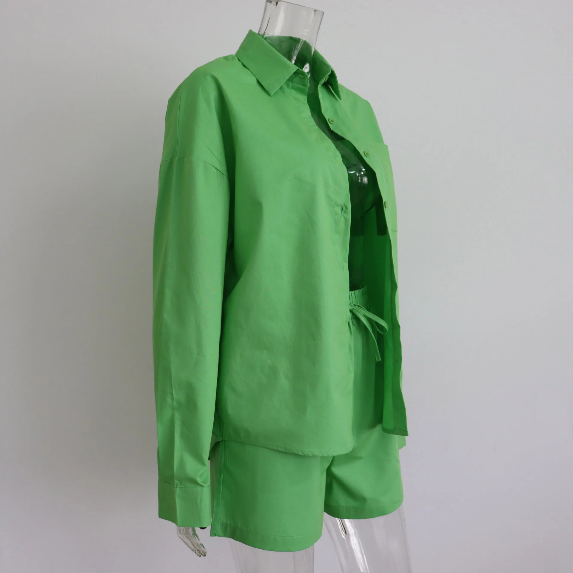Long Sleeve Button Down Shirt & Drawstring Short Set - Image 2