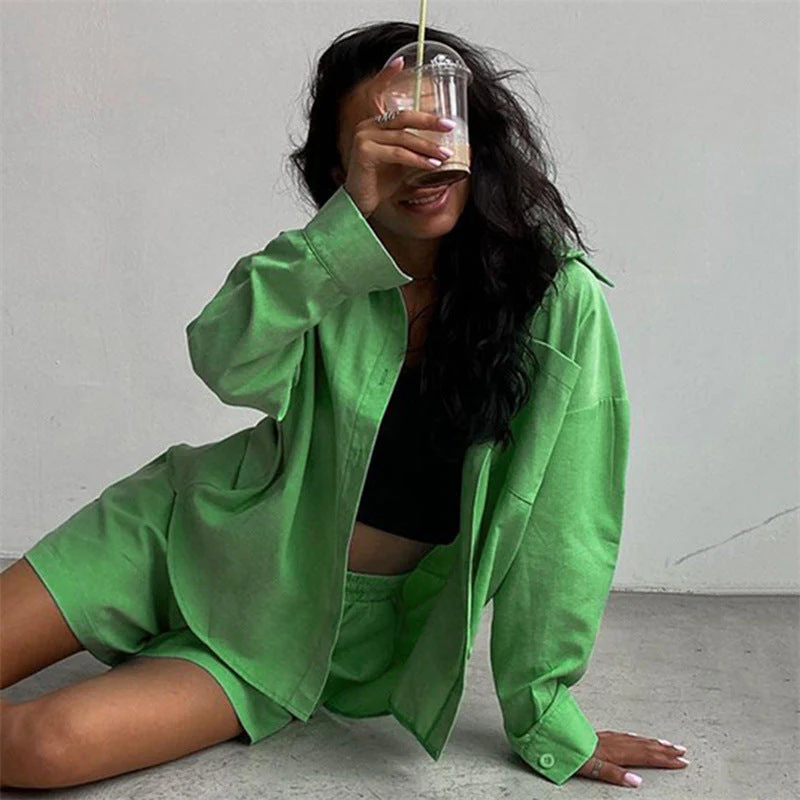 Long Sleeve Button Down Shirt & Drawstring Short Set - Image 3