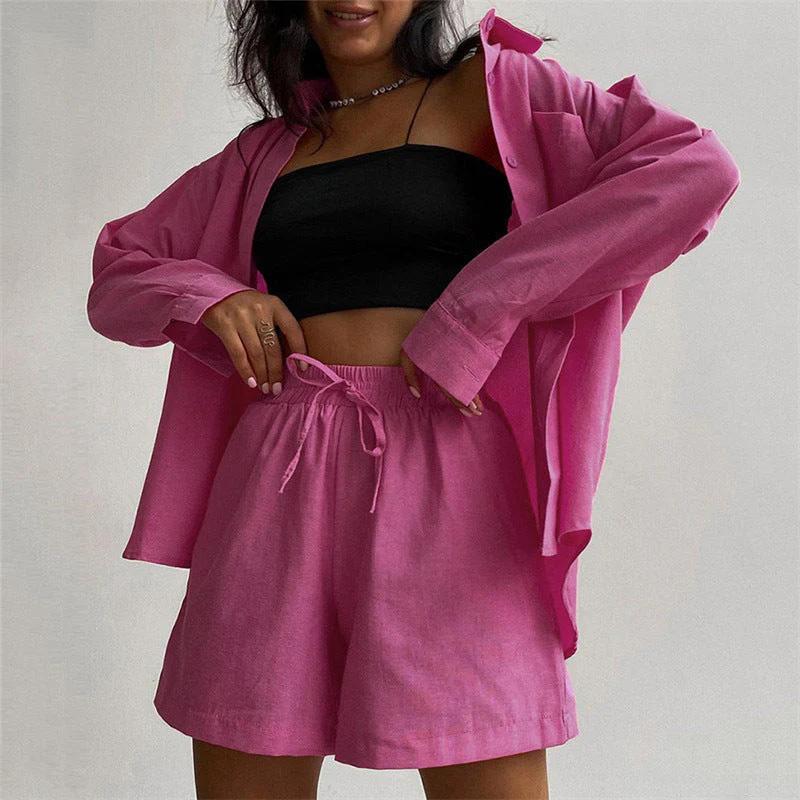 Long Sleeve Button Down Shirt & Drawstring Short Set - Image 7