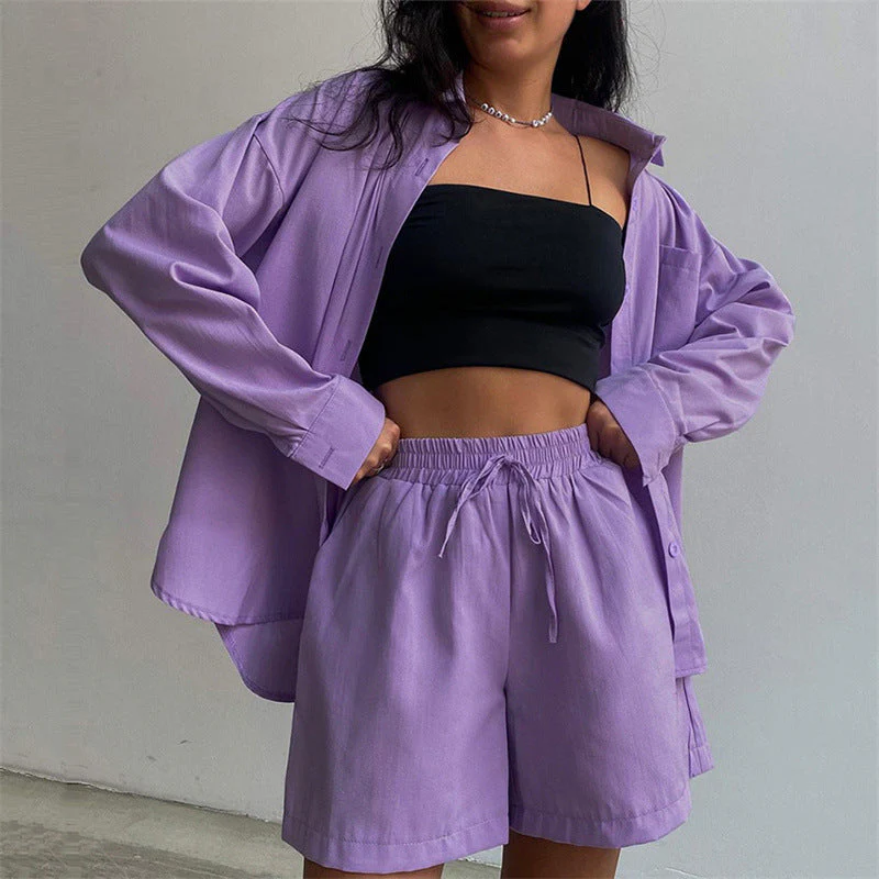 Long Sleeve Button Down Shirt & Drawstring Short Set - Image 8