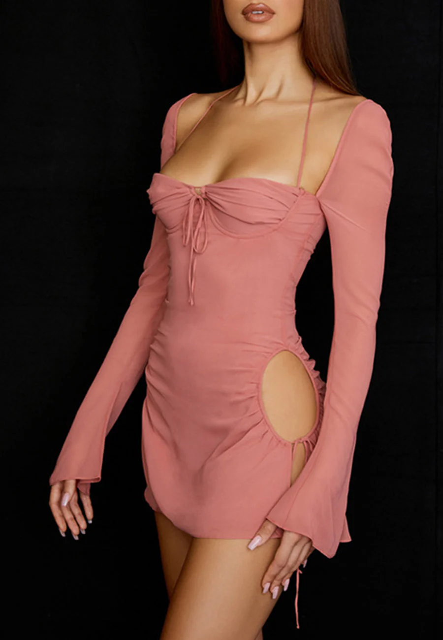 Mesh Square Neck Halter Flared Mini Dress - Image 5