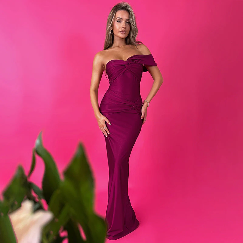 Dress Tube Top Solid Color Patchwork Slim SFit Long Dress - Image 2