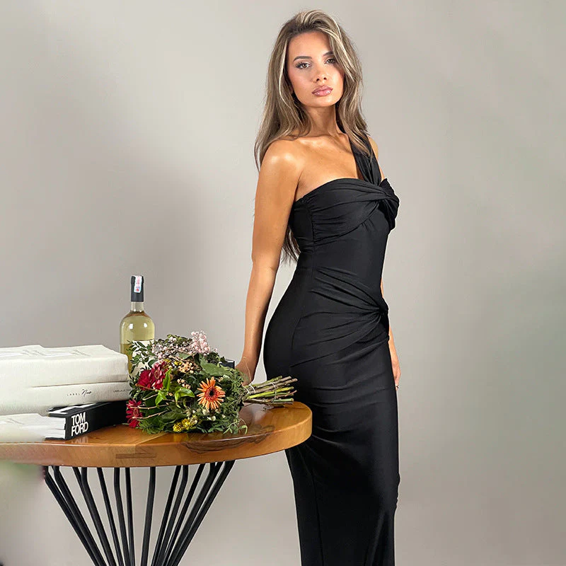 Dress Tube Top Solid Color Patchwork Slim SFit Long Dress - Image 7