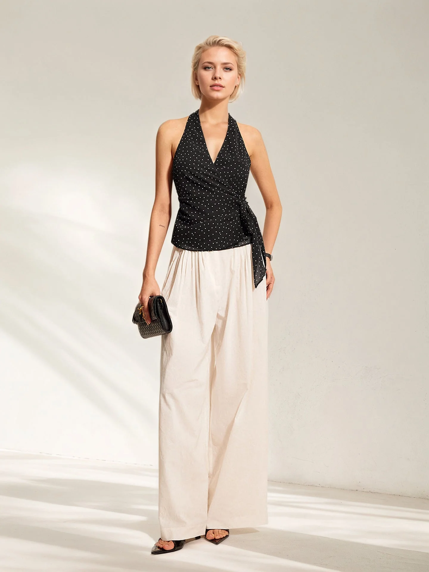 Polka Dot Sleeveless Halter Neck Tie Waist Tank Top - Image 2