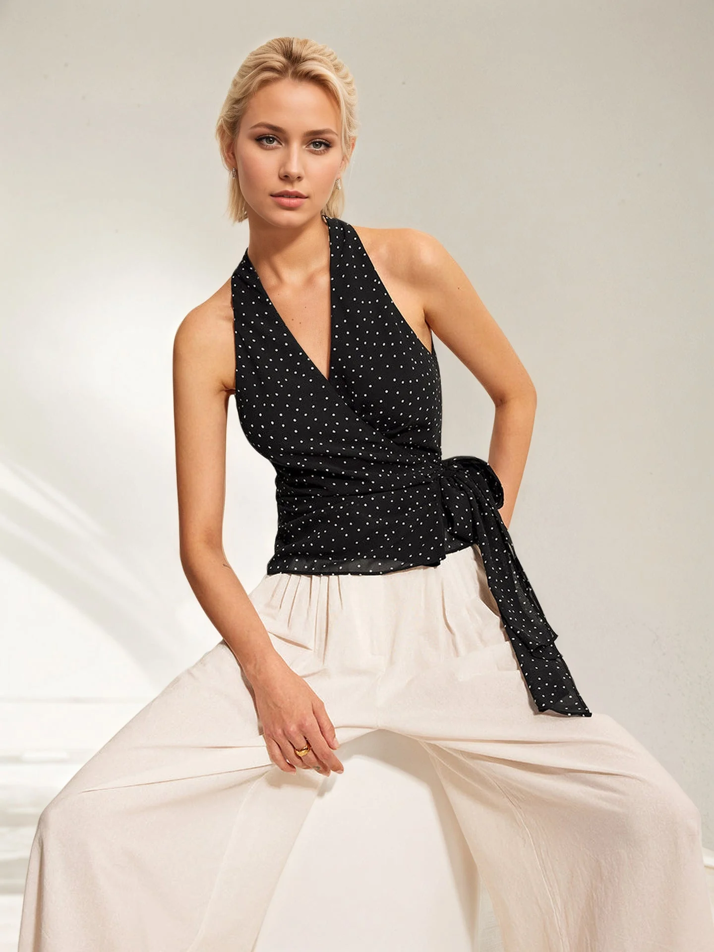 Polka Dot Sleeveless Halter Neck Tie Waist Tank Top - Image 3