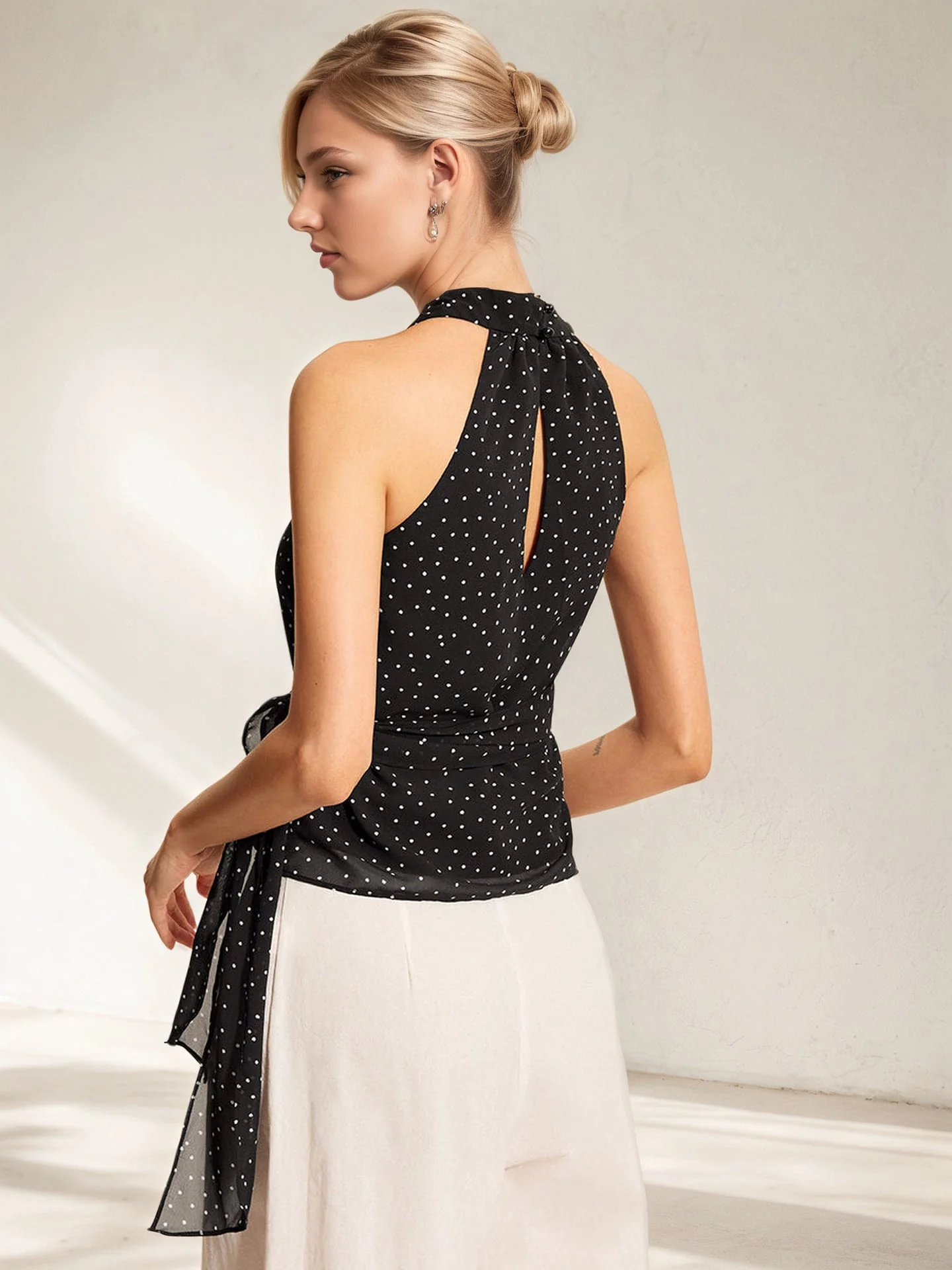 Polka Dot Sleeveless Halter Neck Tie Waist Tank Top - Image 4