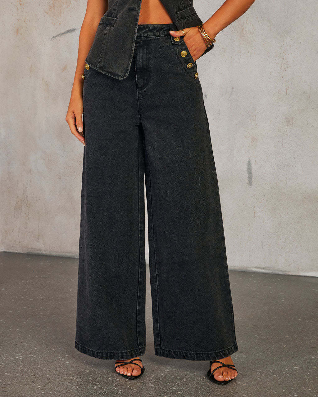 Button Sleeveless Vest Wide-Leg Jeans Set - Image 6