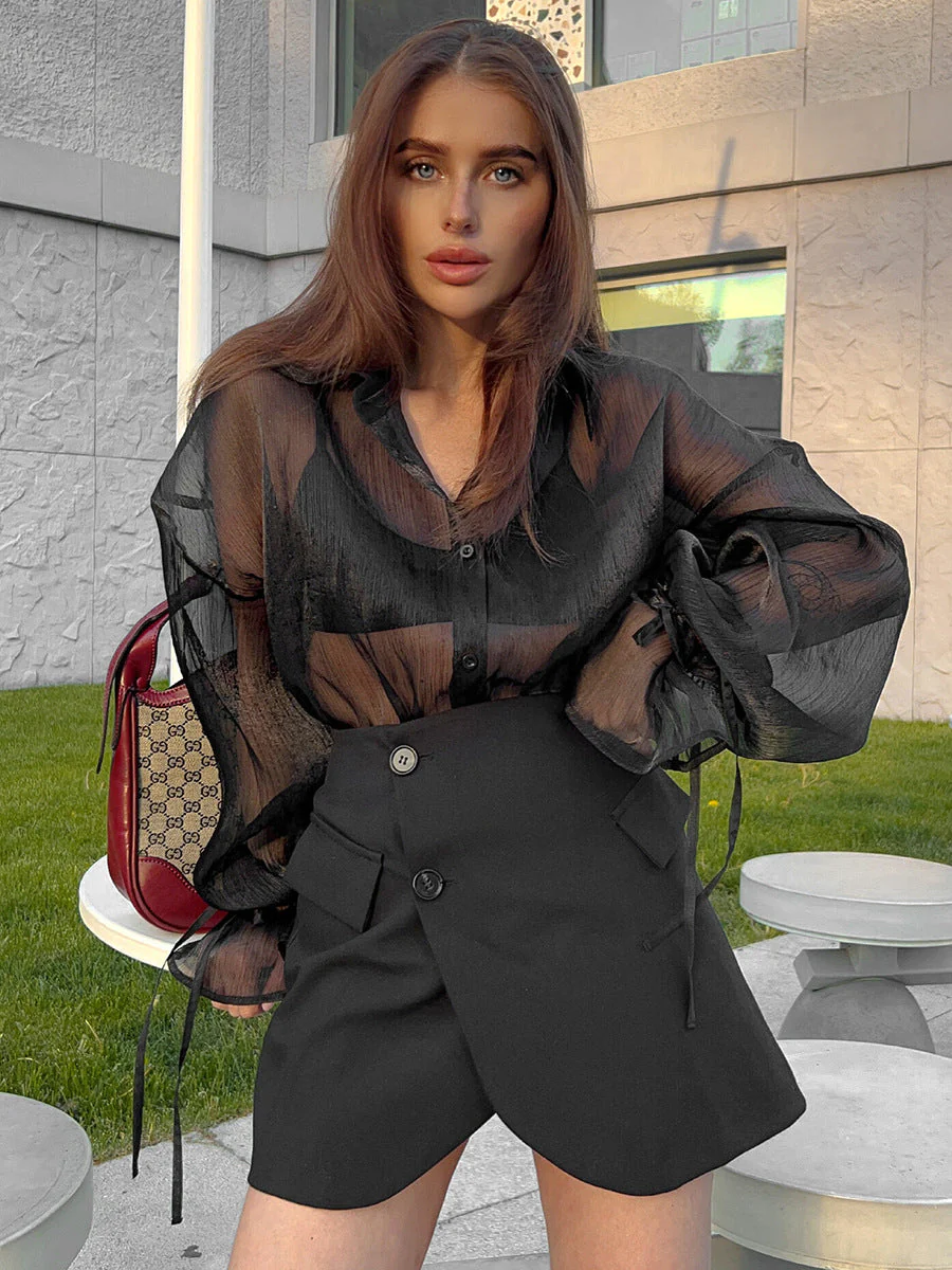 Lapel Puff Sleeve Commuter Shirt - Image 2