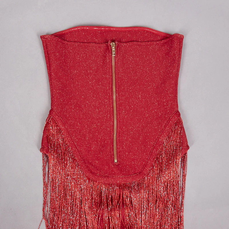 Strapless Fringe Red Dress - Image 14