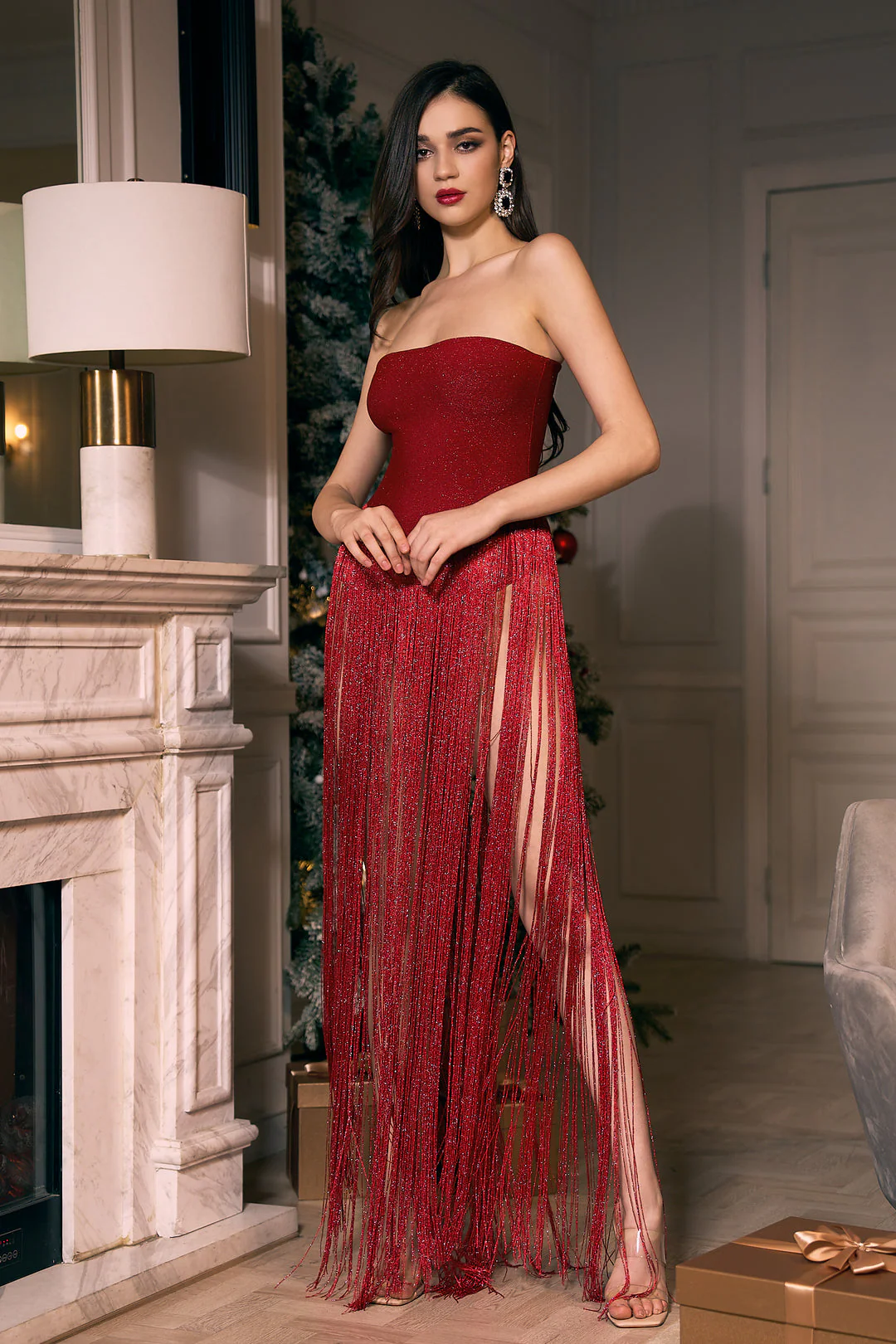 Strapless Fringe Red Dress - Image 2