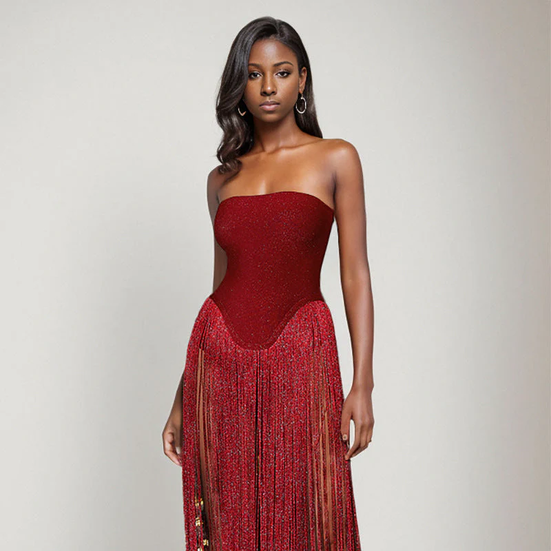 Strapless Fringe Red Dress - Image 4