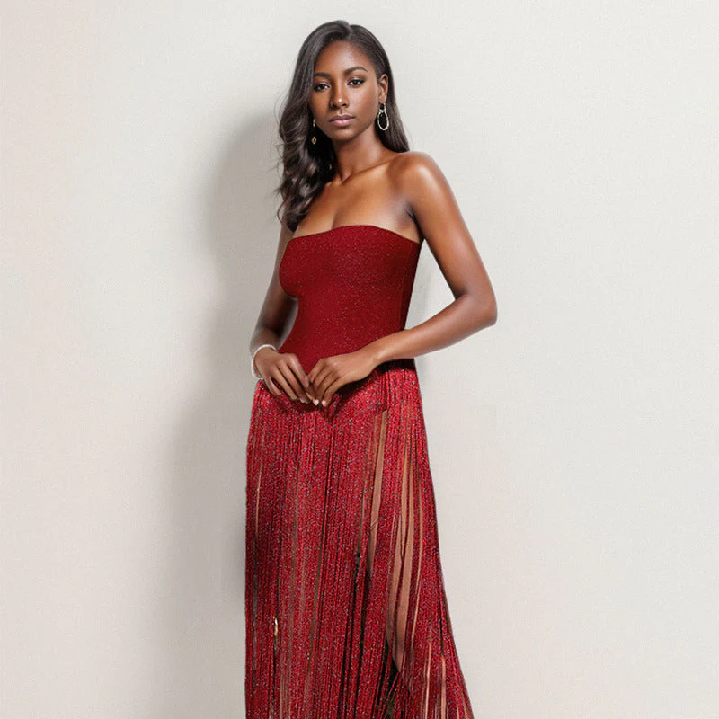 Strapless Fringe Red Dress - Image 5