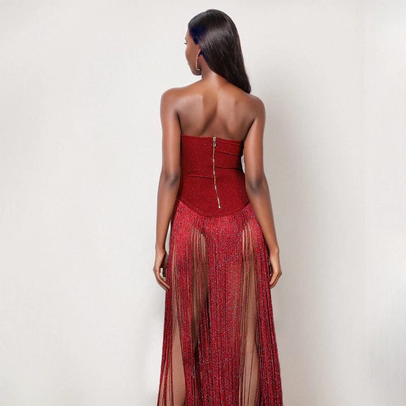 Strapless Fringe Red Dress - Image 6